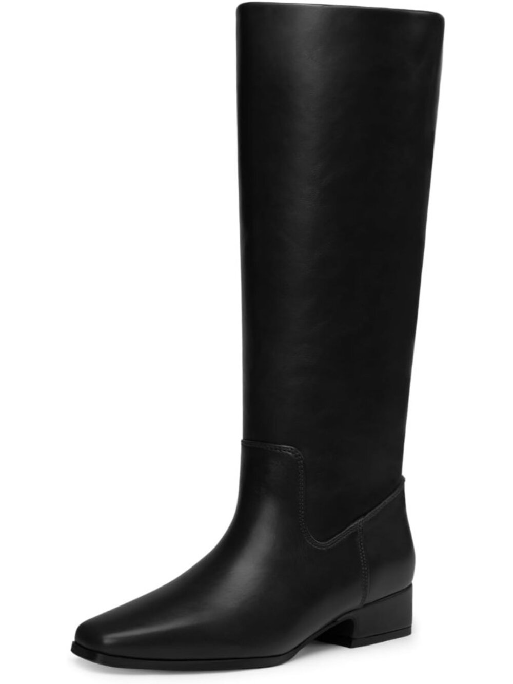 Women's Black Faux Leather Flat Chunky Low Heel Stretchy Shaft Knee High Boots